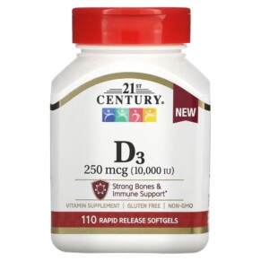 Thuốc bổ 21st Century Vitamin D3 250 mcg (10.000 IU) 110 Rapid Release Softgels 740985280607