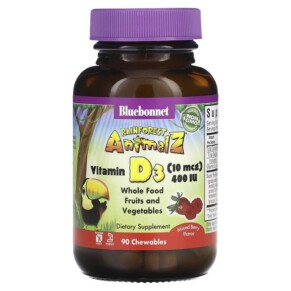 Thuốc bổ Bluebonnet Nutrition Rainforest Animalz Vitamin D3 Mixed Berry 400 IU 90 Chewables 743715001947
