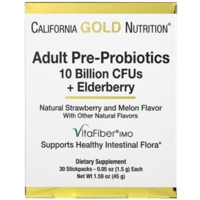 Thuốc bổ California Gold Nutrition Adult Pre-Probiotics 10 Billion CFU + Elderberry Natural Strawberry & Melon Flavor 30 Packets 0.05 oz (1.5 g) Each 898220018543