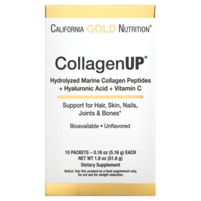 Thuốc bổ California Gold Nutrition CollagenUP Hydrolyzed Marine Collagen Peptides with Hyaluronic Acid and Vitamin C Unflavored 10 Packets 0.18 oz (5.16 g) Each 898220013449