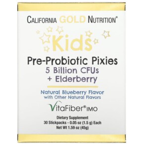 Thuốc bổ California Gold Nutrition Kids Pre-Probiotic Pixies 5 Billion CFUs + Elderberry Natural Blueberry Flavor 30 Packets 0.05 oz (1.5 g) Each 898220018536