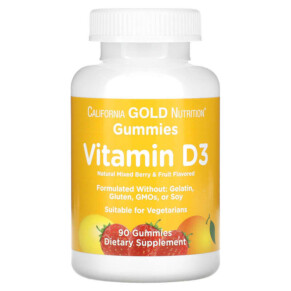 Thuốc bổ California Gold Nutrition Vitamin D3 Gummies No Gelatin No Gluten Mixed Berry & Fruit Flavors 25 mcg (1.000 IU) 90 Gummies 898220011964