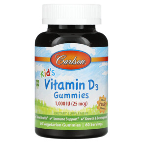 Thuốc bổ Carlson Kid's Vitamin D3 Gummies Natural Fruit 25 mcg (1.000 IU) 60 Vegetarian Gummies 088395494307