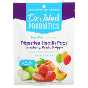 Thuốc bổ Dr. John's Healthy Sweets Probiotics Digestive Health Pops + Fiber & Vitamin C Strawberry Peach & Apple Sugar Free 1 Billion 14 Individually Wrapped Lollipops 3.85 oz (109 g) 605245006383