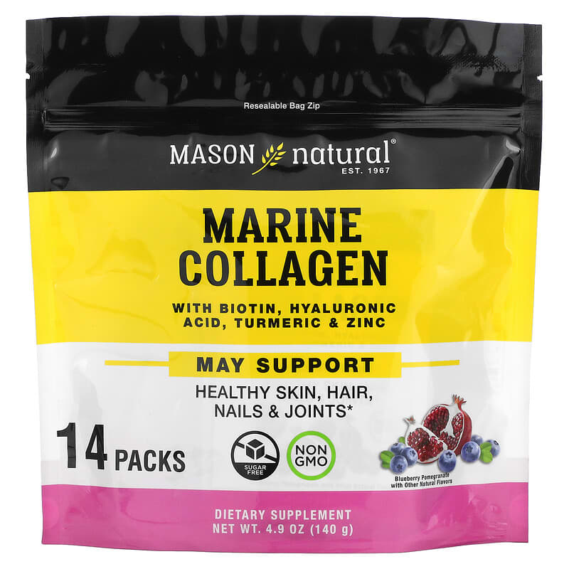 Mason Natural Marine Collagen with Biotin Hyaluronic Acid Turmeric & Zinc Blueberry Pomegranate 14 Packs 4.9 oz (140 g) 6 Thực phẩm chức năng Mason Natural Marine Collagen with Biotin Hyaluronic Acid Turmeric & Zinc Blueberry Pomegranate 14 Packs 4.9 oz (140 g) 311845182661