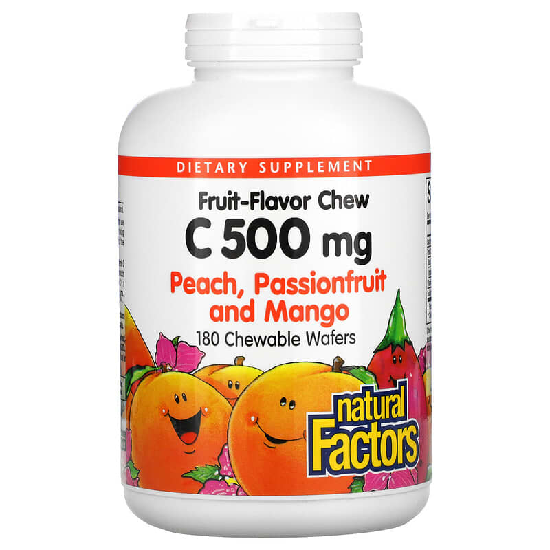 Natural Factors Fruit-Flavor Chew Vitamin C Peach Passionfruit and Mango 500 mg 180 Chewable Wafers 6 Thực phẩm chức năng Natural Factors Fruit-Flavor Chew Vitamin C Peach Passionfruit and Mango 500 mg 180 Chewable Wafers 068958013251