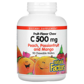 Thuốc bổ Natural Factors Fruit-Flavor Chew Vitamin C Peach Passionfruit and Mango 500 mg 90 Chewable Wafers 068958013244