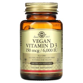 Thuốc bổ Solgar Vegan Vitamin D3 150 mcg / 6.000 IU 100 Vegan Softgels 033984303355