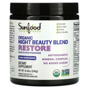 Thuốc bổ Sunfood Organic Night Beauty Blend Restore Maqui Berry Mango 8.46 oz (240 g) 803813102967