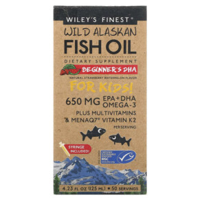 Thuốc bổ Wiley's Finest Wild Alaskan Fish Oil For Kids! Beginner's DHA Natural Strawberry Watermelon 650 mg 4.23 fl oz (125 ml) 857188004272