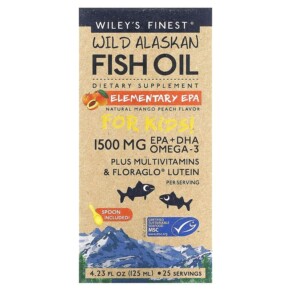 Thuốc bổ Wiley's Finest Wild Alaskan Fish Oil For Kids Elementary EPA Natural Mango Peach 1.500 mg 4.23 fl oz (125 ml) 857188004289