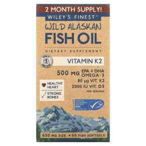 Thuốc bổ Wiley's Finest Wild Alaskan Fish Oil Vitamin K2 650 mg 60 Fish Softgels 857188004340